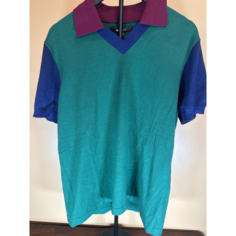 NovaMen Mens Colorblock Knit Polo Shirt Green Blue Burgundy V-Neck Short Sleeve‎